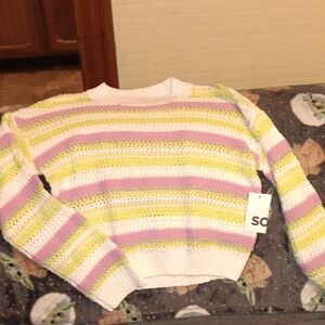 SO Women's Striped Sweater - White, Yellow, Pink